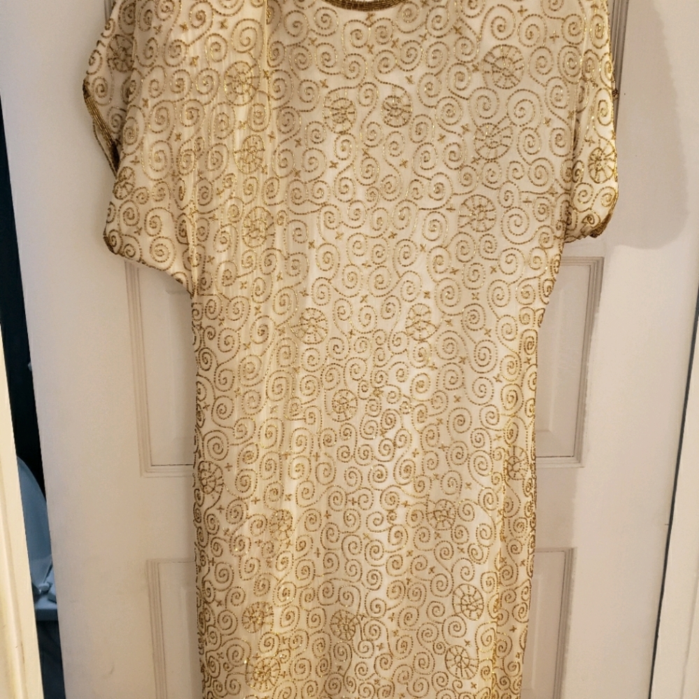 LAURENCE KAZAR, WHITE SILK DRESS GOLD BEADING